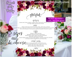 Floral burgundy Wedding Menu card, Purple wedding menu card,(032w)